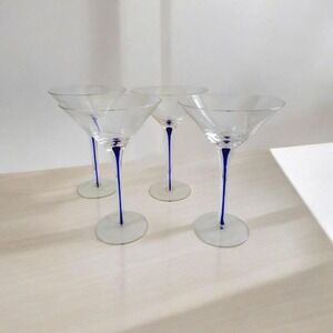 Vintage Martini Glass Cobalt Blue Stem Teardop drip Blown Glass Martini Glasses